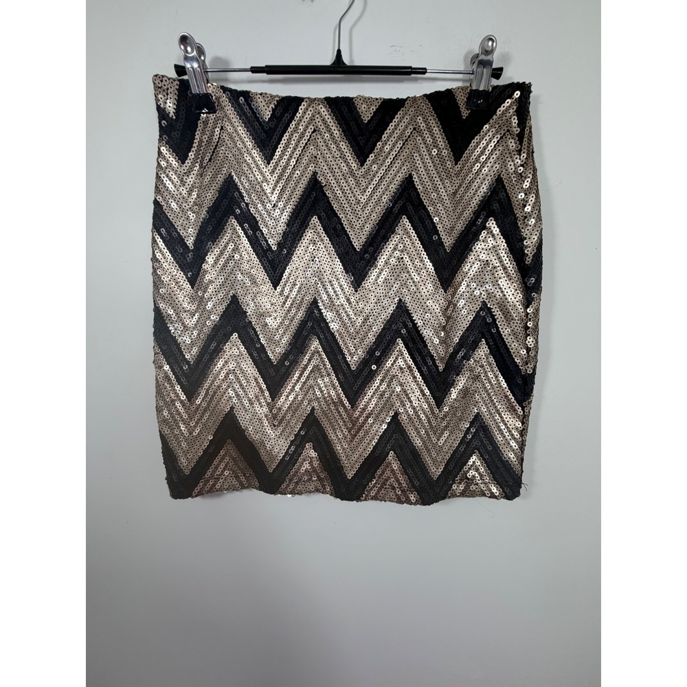 Francesca's Collection Bird Cage Gold Black Sequin Chevron Mini Skirt Large USA
